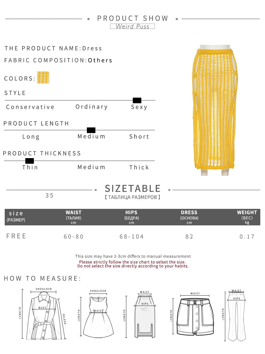 Weird Puss Summer Knit Sexy Long Skirt Women Crochet Elastic See-Through Hollow Out Grid Party Wild Streetwear Solid Bottoms