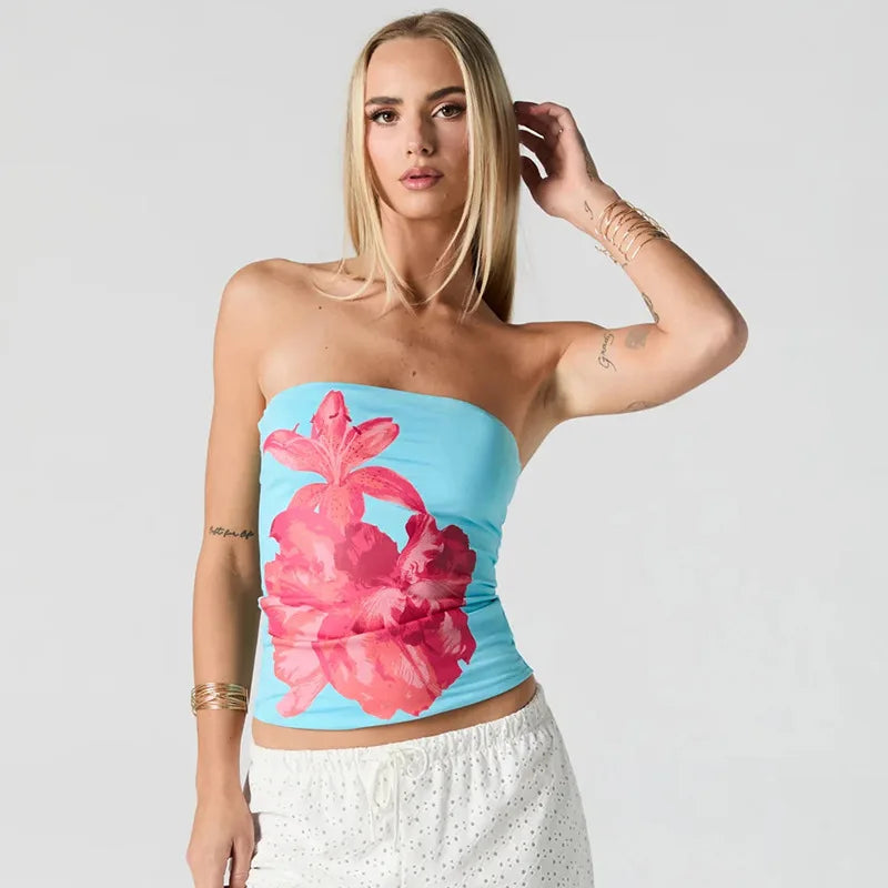 Nsauye 2025 Fashion Women Summer Y2K Clothes Skinny Floral Print Mini Tube Tank Tops Sleeveless Sexy Club High Street Crop Tops