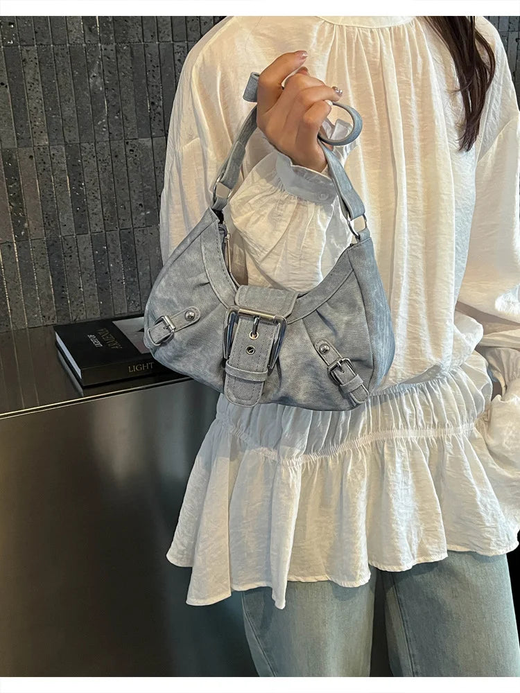 Vintage Tie-Dye Denim Underarm Bag Y2K Metal Buckle Pleated Commuting Versatile Handbag Crescent Small Shoulder Bag