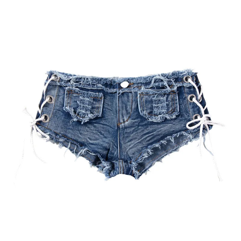 Women's Y2K Low Rise Denim Micro Shorts Lace-Up Side Frayed Booty Shorts for Rave Party Nightclub