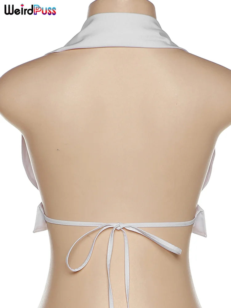 Weird Puss Y2K Button Halter Camisole Women V-Neck Skinny Elegant Sexy Summer Fashion 2022 Wild Streetwear Backless Tank Tops