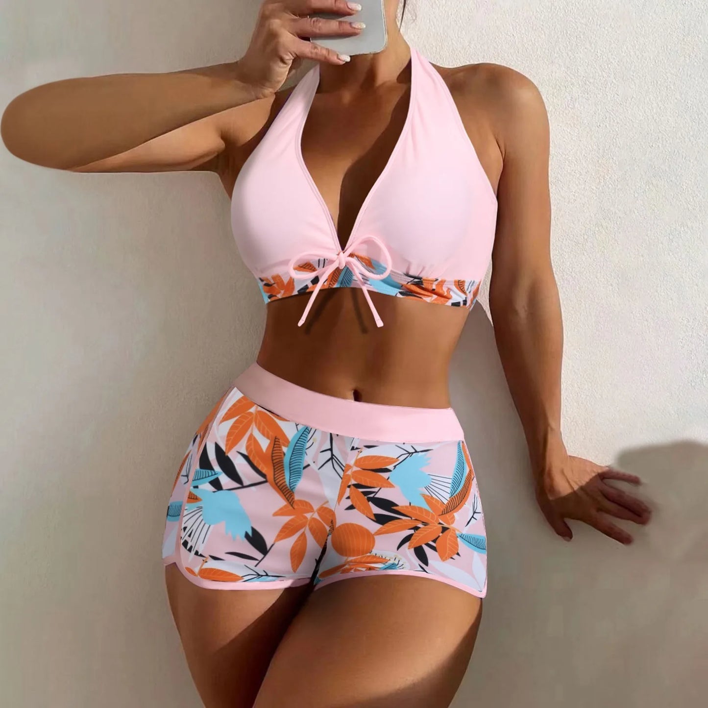 Shorts Bikinis Set  High Waist Swimsuit Women Swimwear  Plant Print Bathers Bathing Swim Suit Beachwear