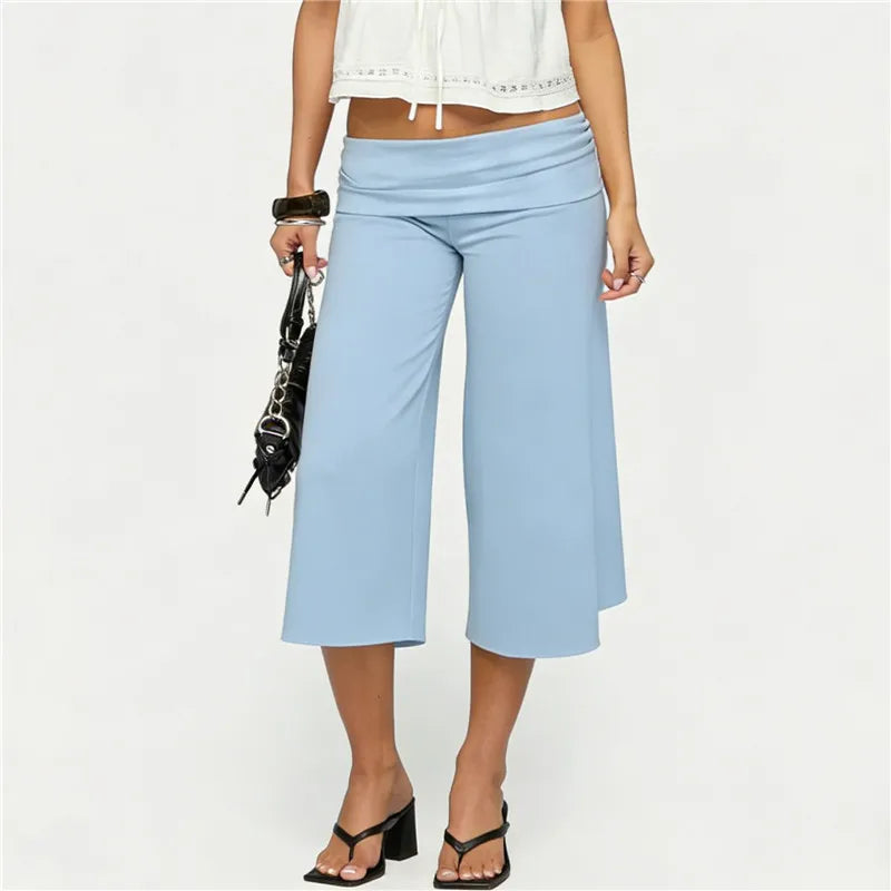 Y2K Women's Low Waist Wide Leg Capri Pants Fold Over Waist Flare Cropped Pants Casual Solid Color Summer Streetwear Trousers