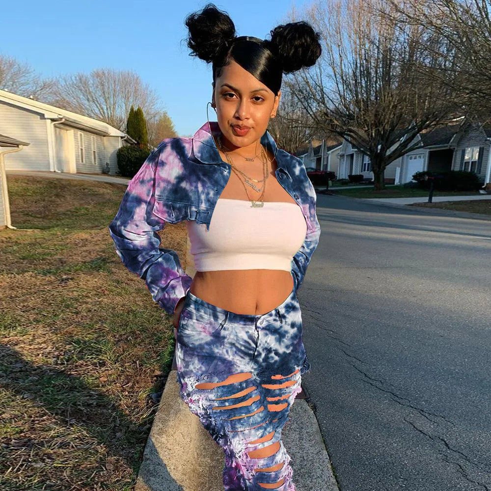 CM.YAYA Autumn Tie Dye Women Long Sleeve Mini jeans Coat Fashion Lady Jackets