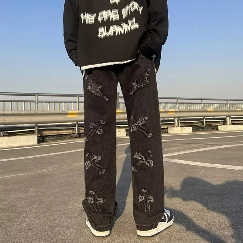 Straight Leg Denim Jeans Male New Fashion Casual Loose High Street Y2k Pants New Wide Leg Hip Hop Black Blue Pants