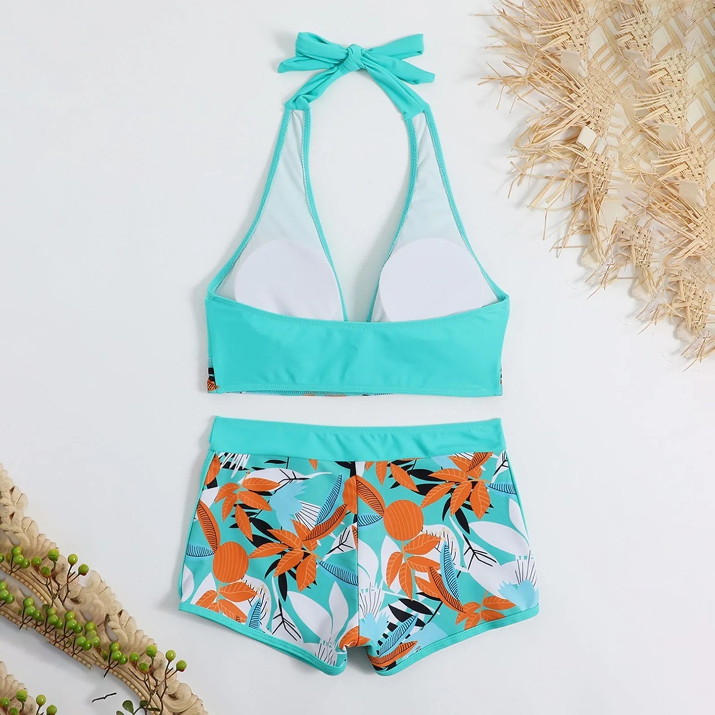 Shorts Bikinis Set  High Waist Swimsuit Women Swimwear  Plant Print Bathers Bathing Swim Suit Beachwear