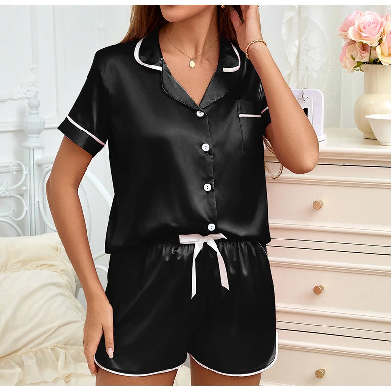 2026 Women Satin Pajamas Set 2-piece Pj Sets Sleepwear Loungewear Button-Down Pajama Women Pajamas Pijama Homewear Shorts Set