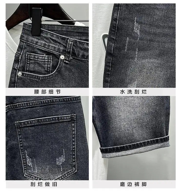 New Summer Men’s Casual 2024 Knee Length Denim Shorts Black Designer Boyfriend Slim Stretch Five Pocket Denim Short Pants