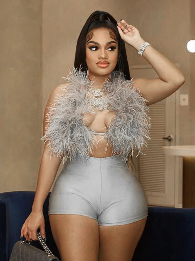 Weird Puss Sexy Hipster 2 Piece Set Women Y2K Summer Luxury Furs Tank Tops+Tight Stretch Shorts Midnight Clubwear Party Suits