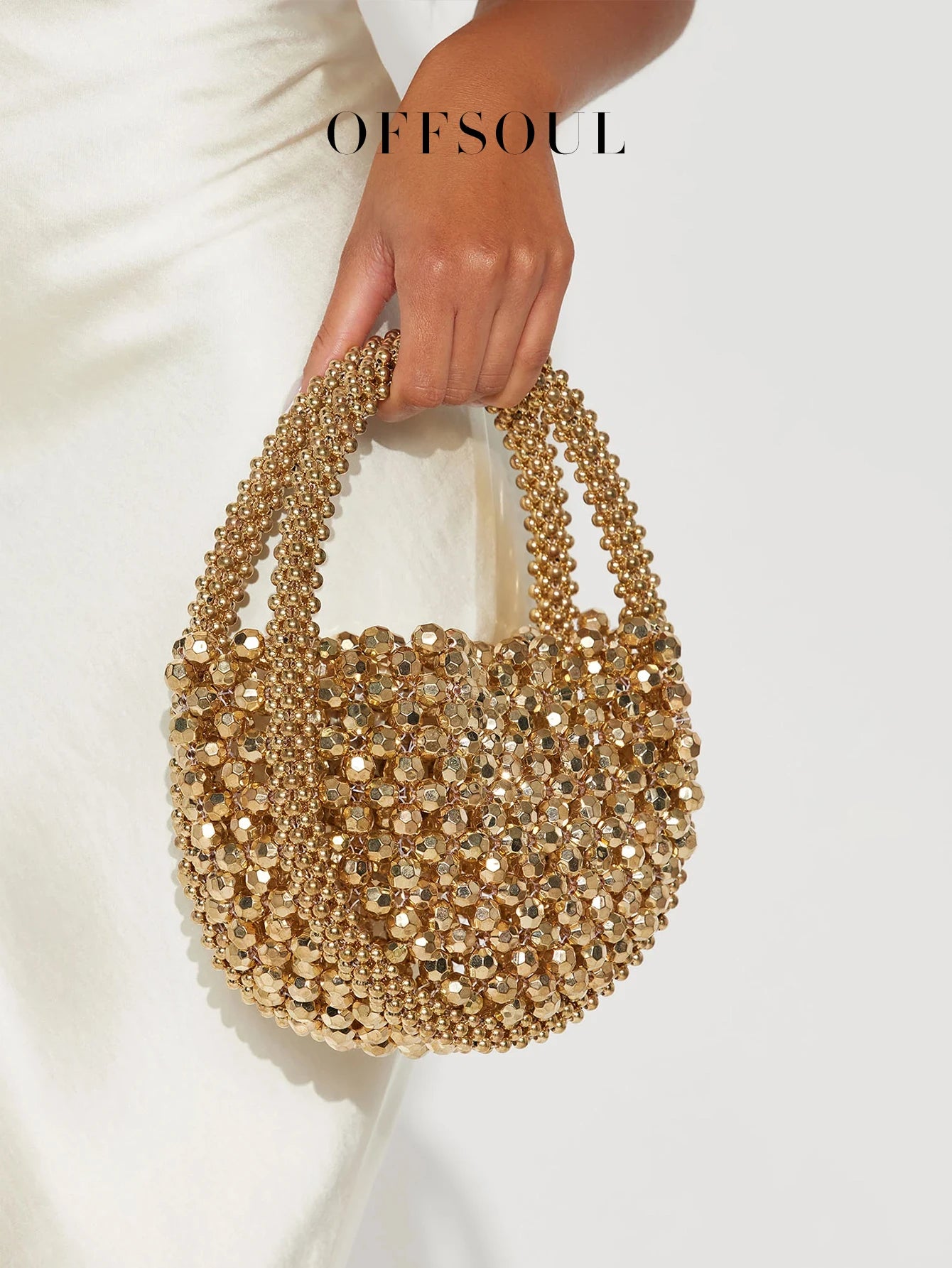 Hollow Hand-Made Metal Sense Gold Beads Woven Handbag Half-Round String Beads Pearl Bag Round Handbag