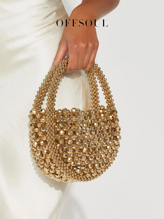 Hollow Hand-Made Metal Sense Gold Beads Woven Handbag Half-Round String Beads Pearl Bag Round Handbag