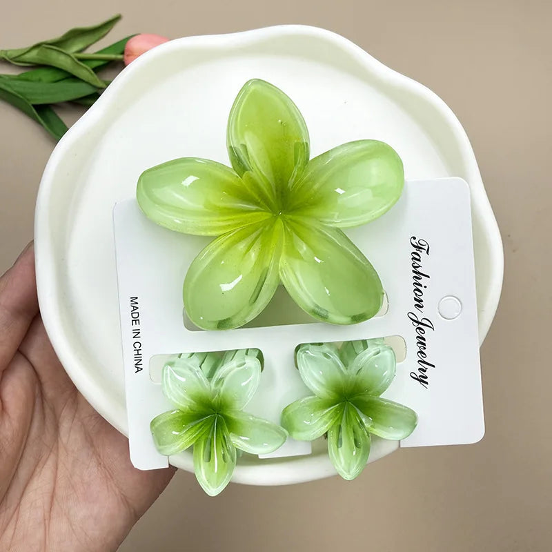 3Pcs Sweet Colorful Plumeria Flower Shark Clip Hair Claw Bohemian Ponytail Clip Plastic Hairpin Barrette Summer Hair Accessories