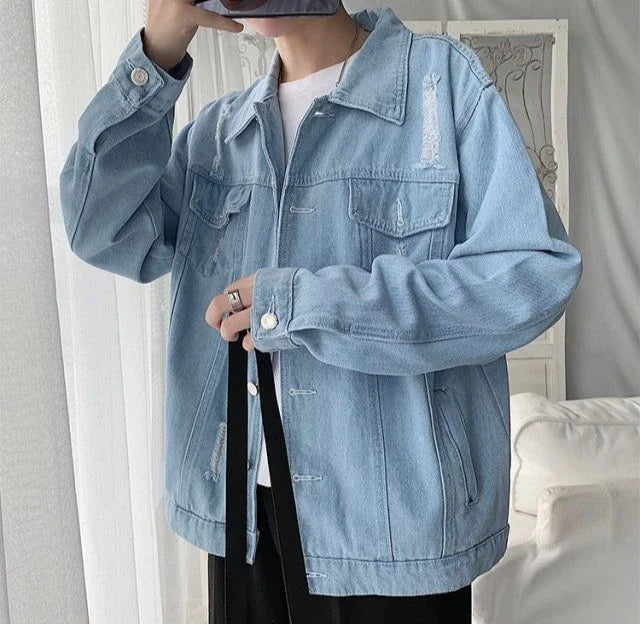 Button Short Casual Slim Cowboy Coat for Men Korean Popular Clothes Denim Jackets Man Loose New In Designer Branded Rock Lxury
