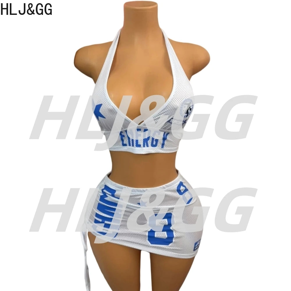 HLJ&GG Y2K Fashion Letter Print Mesh Hollow Two Peice Sets Women Deep V Halter Sleeveless Backless Crop Top+Mini Skirts Outfits