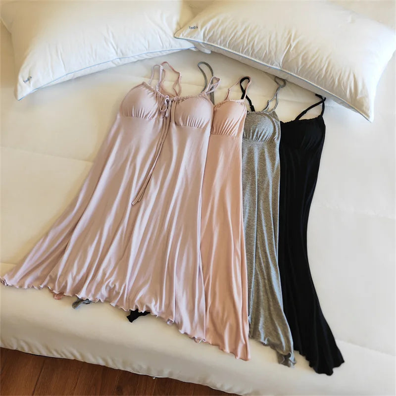 Sexy Nightgown Women Sling Night Dress Chest Pad Sleepwear Nightshirt Modal Ladies Slim Nightwear Casual Home Sleep Shirt
