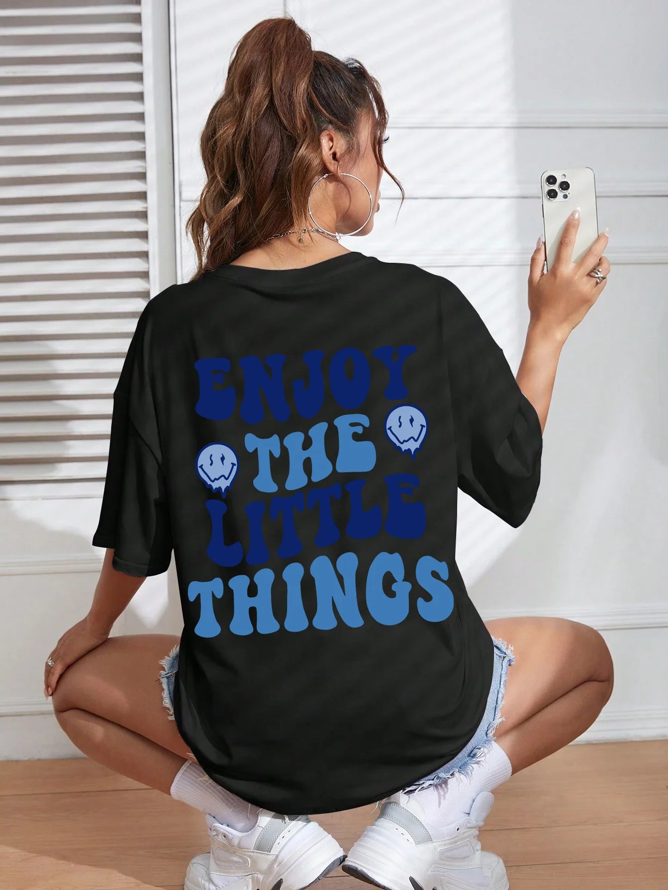 Enjoy The Little Things  Slogan Letter Printed Women T-Shirts Loose Oversized Clothing Personality Street Casual Short Sleeves