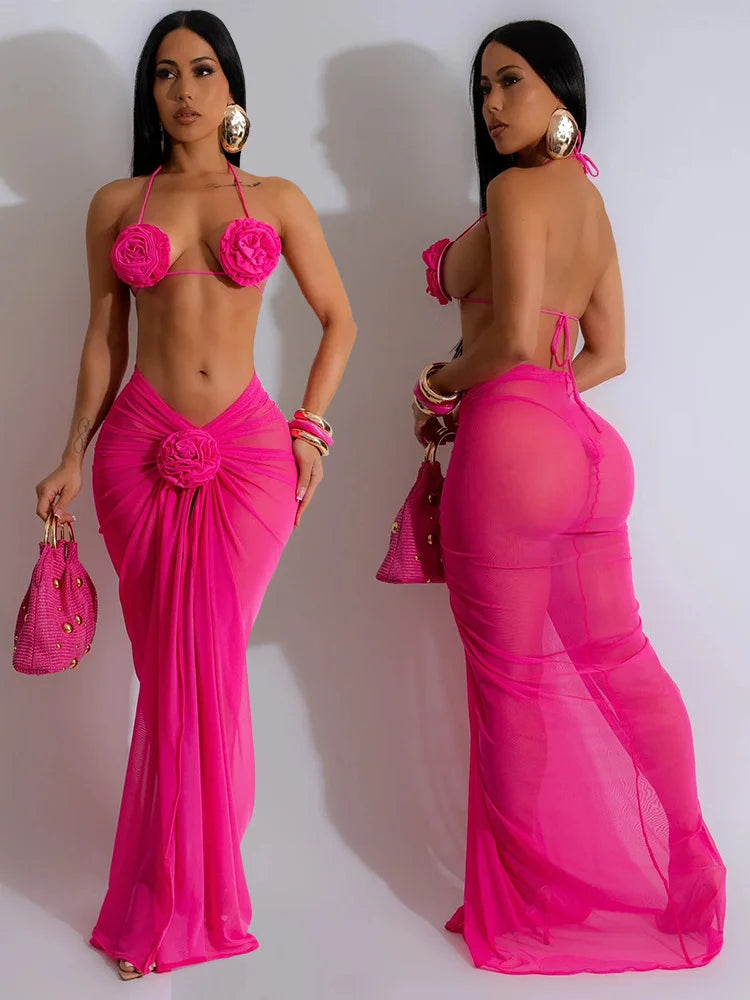 Weird Puss Beach Style Sexy 3 Piece Set Women Lace-Up Halter Pleats Flower Bra+Briefs+See Through Skirts Fashion Bikini Suit