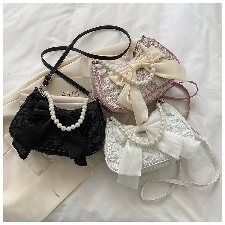 Pearl Female Bag Retro Luxury Designer Handbag Bow Crossbody Bags Fashion Canvas Women's 2023 Trend Shoulder bag Purses