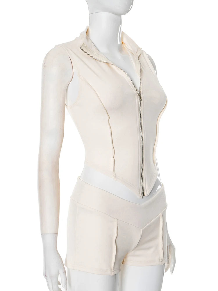 Weird Puss Lines Patchwork 2 Piece Set Women Zipper Cardigan Irregular Crop Top+Skinny Peach Hip Shorts Simple Sporty Streetweas