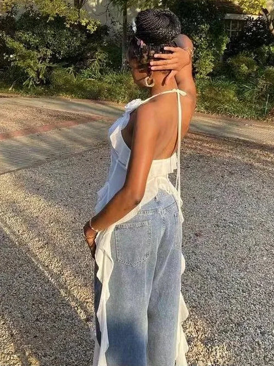 Weird Puss Blossoms Tank Tops Women Ruffles Y2K Summer Trend Sexy V-Neck Irregular Tassel Halter Backless Wild Street Camisole