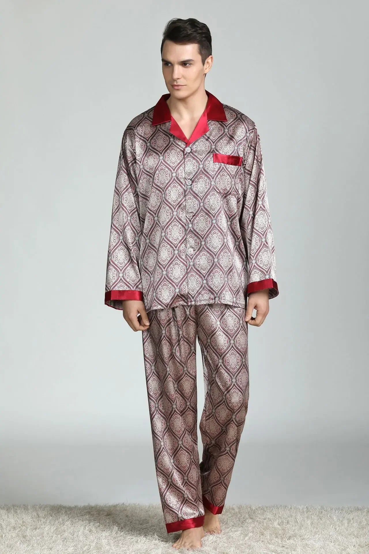 Silk Satin Pajamas for Men Sleepwear Cozy Soft Print Long Sleeve Nightgown Tops + Trousers Two Pieces Mens Pajama Set