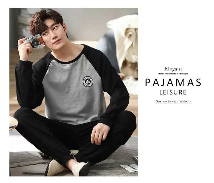 Pajamas Men Long Sleeves and Trousers Spring and Autumn Style Simple and Breathable Nightwear Student Youth Loungewear Sleepwear