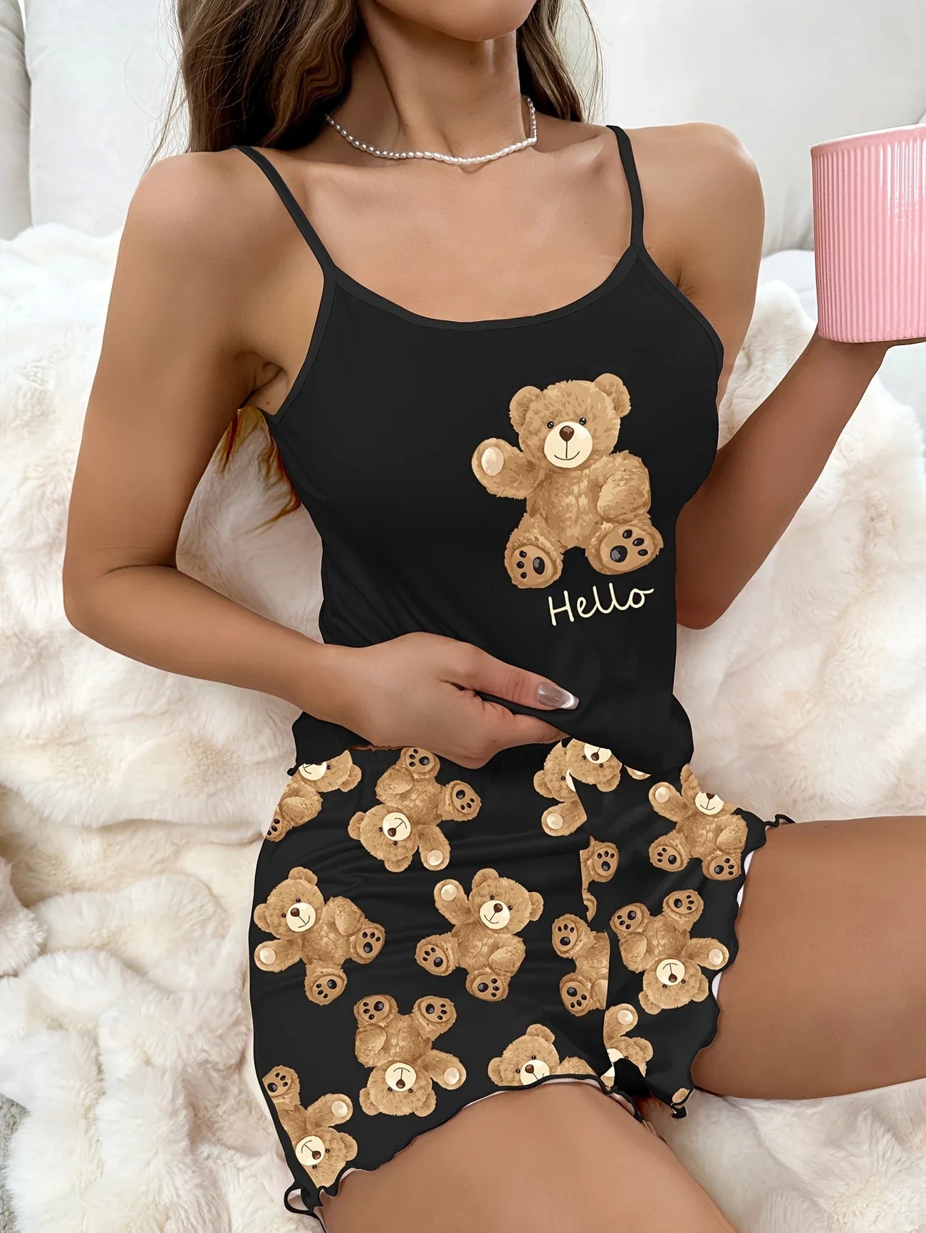 Summer Cute Love Bear Printed Pajamas Set for Women's Loungewear Crop Tops and Shorts Sleepwear Home Wear Clothes