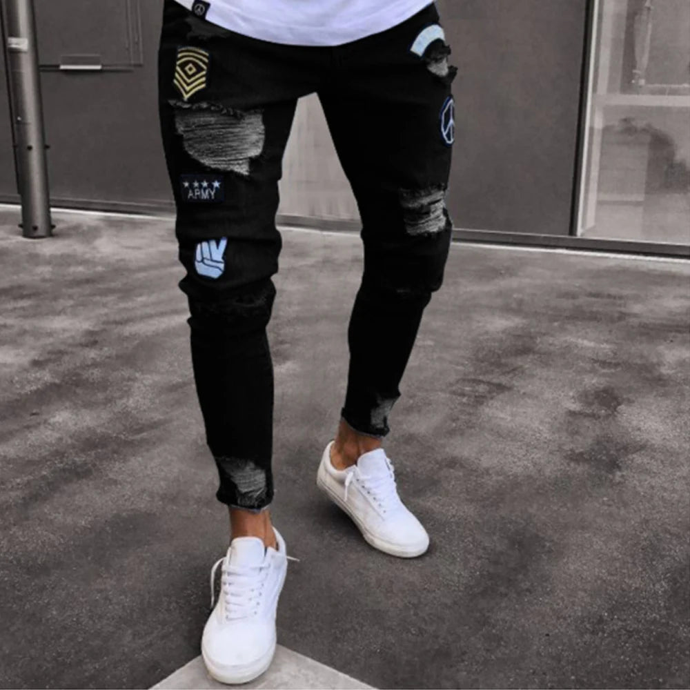 White Embroidery Skinny Ripped denim Men Cotton Stretchy Hole Slim Fit Hip Hop Denim Pants Casual Jeans for Men Jogging Trousers