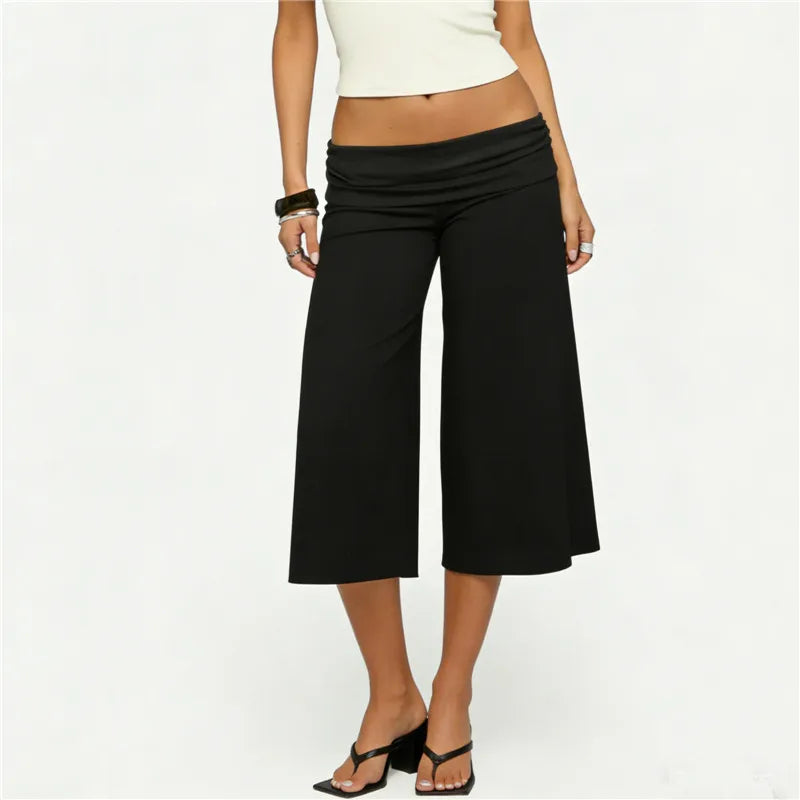 Y2K Women's Low Waist Wide Leg Capri Pants Fold Over Waist Flare Cropped Pants Casual Solid Color Summer Streetwear Trousers