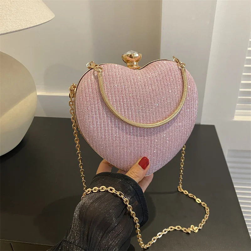 Evening Clutch Bag For Women Shiny Heart Shape Metal Clutch Chain Shoulder Purse
