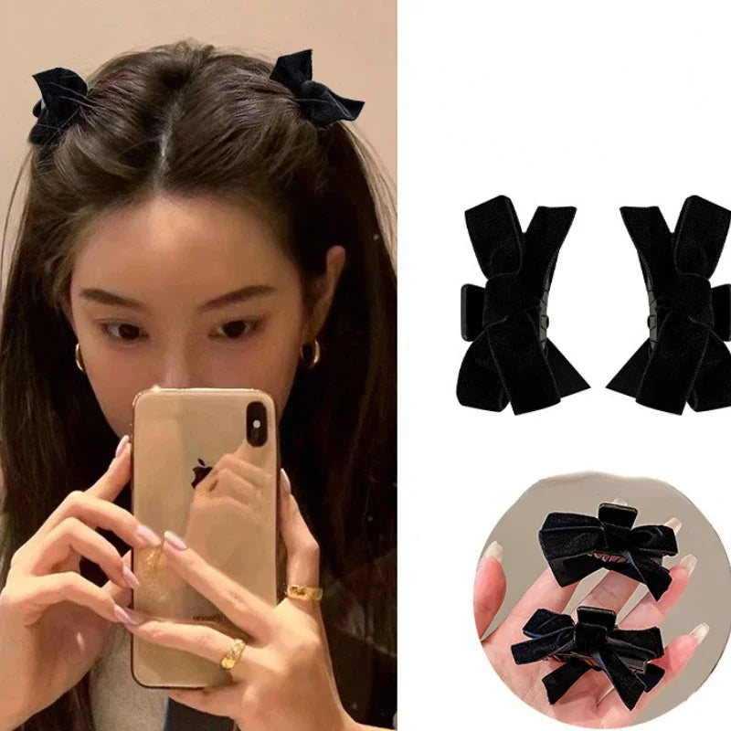 Korean 1/2pcs Sweet Black Red Bow Small Hair Claw Clip Princess Velvet Bow Hair Clip Claw Clamp Headwear Girls Women