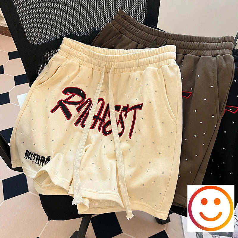 Diamond Patch Embroidered Letter Logo Casual Shorts Loose Drawstring Shortpants Jorts for Men Women