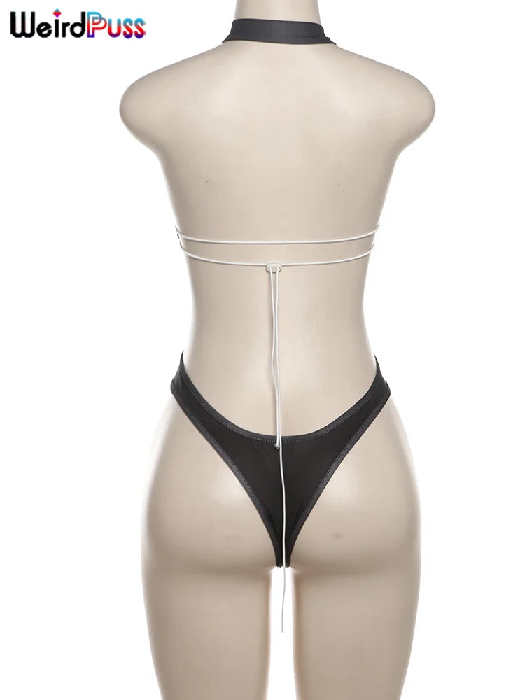 Weird Puss Halter Hollow Bodysuit Woman Summer Backless Straps Zipper Sexy Print Wild Fashion Trend Streetwear Skinny Clubwear