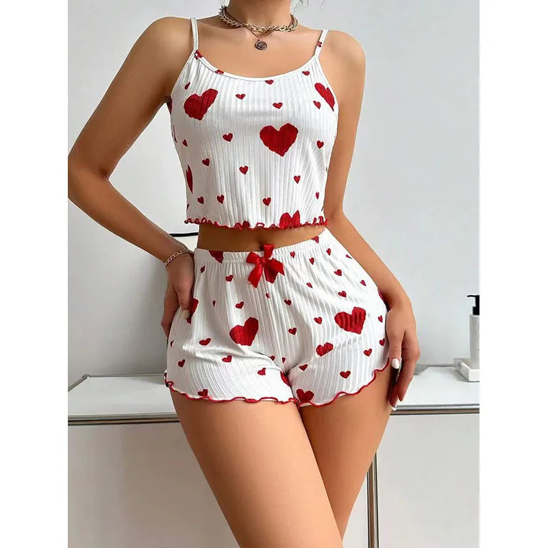 Cherry Temptation Home Love Print Flowing-Sleeve Short Pants for Casual Wearing, Women's Sleepwear Set