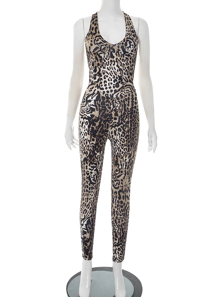 Weird Puss Leopard Print Jumpsuit Women Coquette Summer Trend Midnight Club Activity Sleeveless Fitness Stretch Workout Overalls