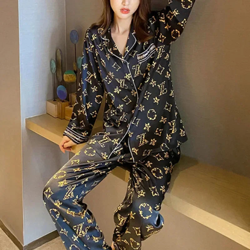 Spring Autumn High Quality Home Suit Women Long Sleeve Silk Sleepwear 2 Piece Cardigan Long-Sleeved Ladies Sleepwear Loungewear