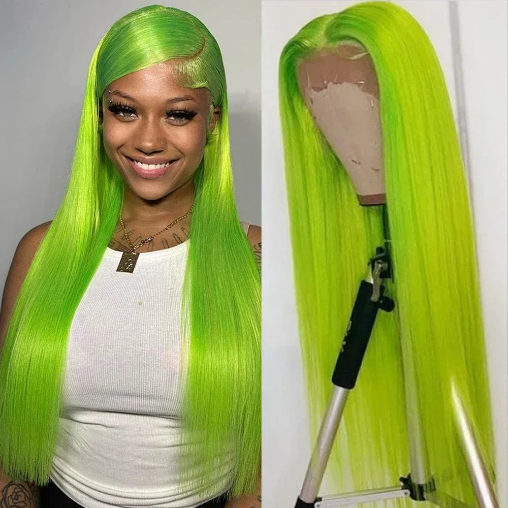 Brazilian 200% Density Straight Fluorescent Green 13x4 Lace Frontal Wig Human Hair Wigs For Women Remy Hair Colored Lace Wigs
