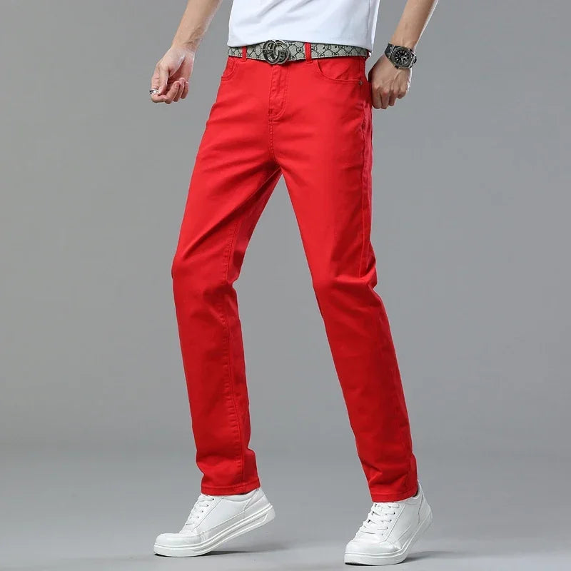 White Yellow Pink Red Fashion 5 Color Fashion Men's Stretch Jeans Slim Streetwear Korean Business Straight Casual Denim Trousers