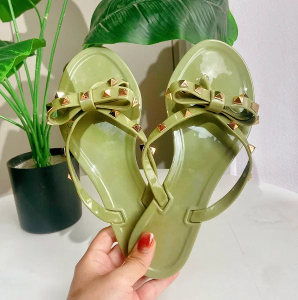 Ladies Leisure Waterproof Shoes Summer Zoris Slippers In Flats Clear Yellow Flip-Flops With Gold Stud Bow-Knot PVC Slides 36-42