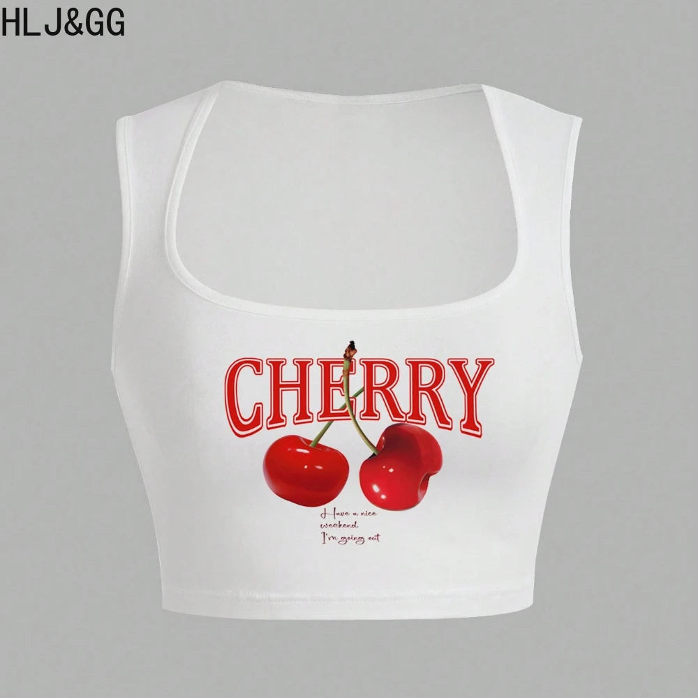 HLJ&GG Y2K Sweet Cherry Print Two Piece Sets Women Round Neck Sleeveless Slim Tank Top And Ruffle Plaid Shorts Outfit Streetwear