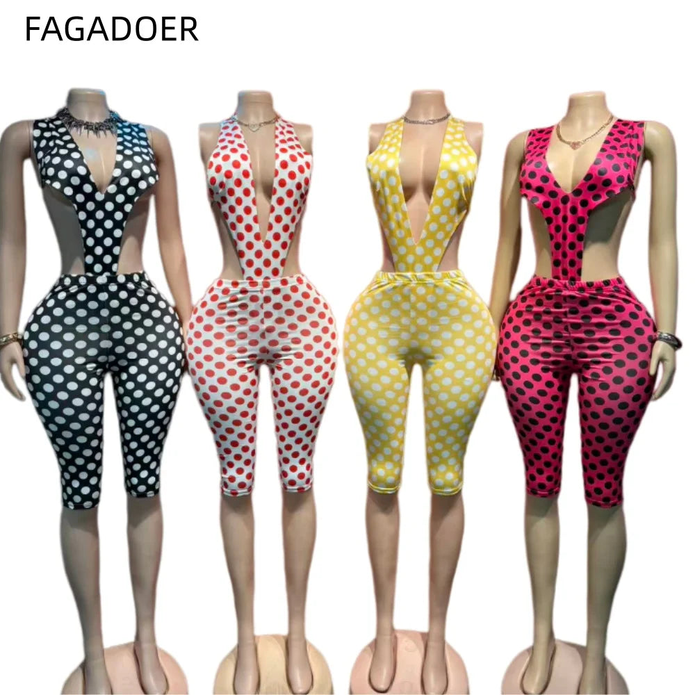 FAGADOER Retro Polka Dot Printing Deep V Two Pieces Sets Sexy Off Shoulder Bandage Bodysuits Top and Bodycon Shorts Outfits New