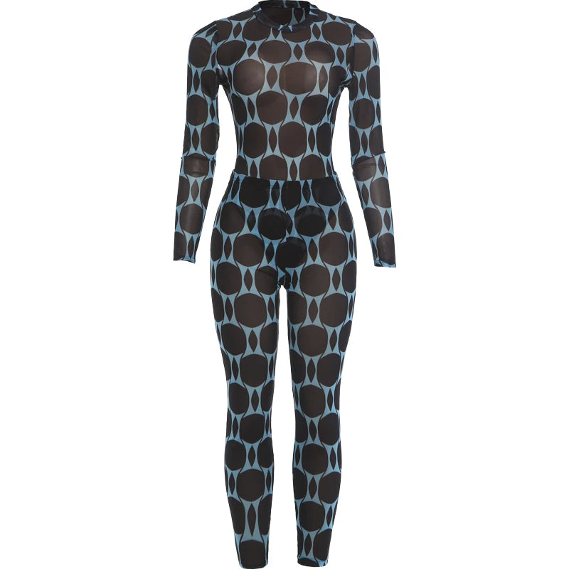 Kliou Mesh Patchwork 2 Piece Set Woman o-Neck Full Sleeve Bodysuits+Skinny Peach Hip Long Pants Midnight Club Party Sexy Suits