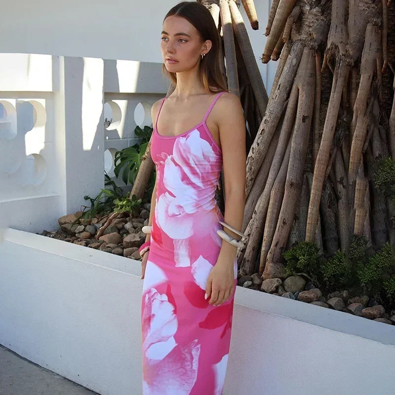 Elegant Printed Backless Long Dress Summer Women's Fashion Contrast Color Party Dress Patchwork Suspender Long Dress 2024 New