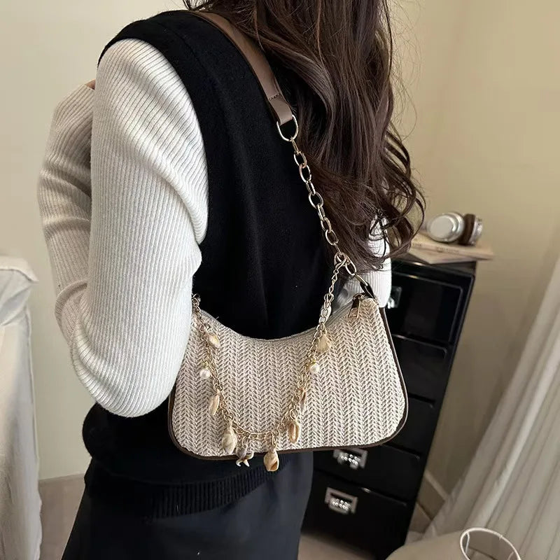 Bohemian Summer Straw Shoulder Bag with Ocean Shell, Starfish & Seahorse Charms, Perfect for Beach Vacation & Tropical Getaways