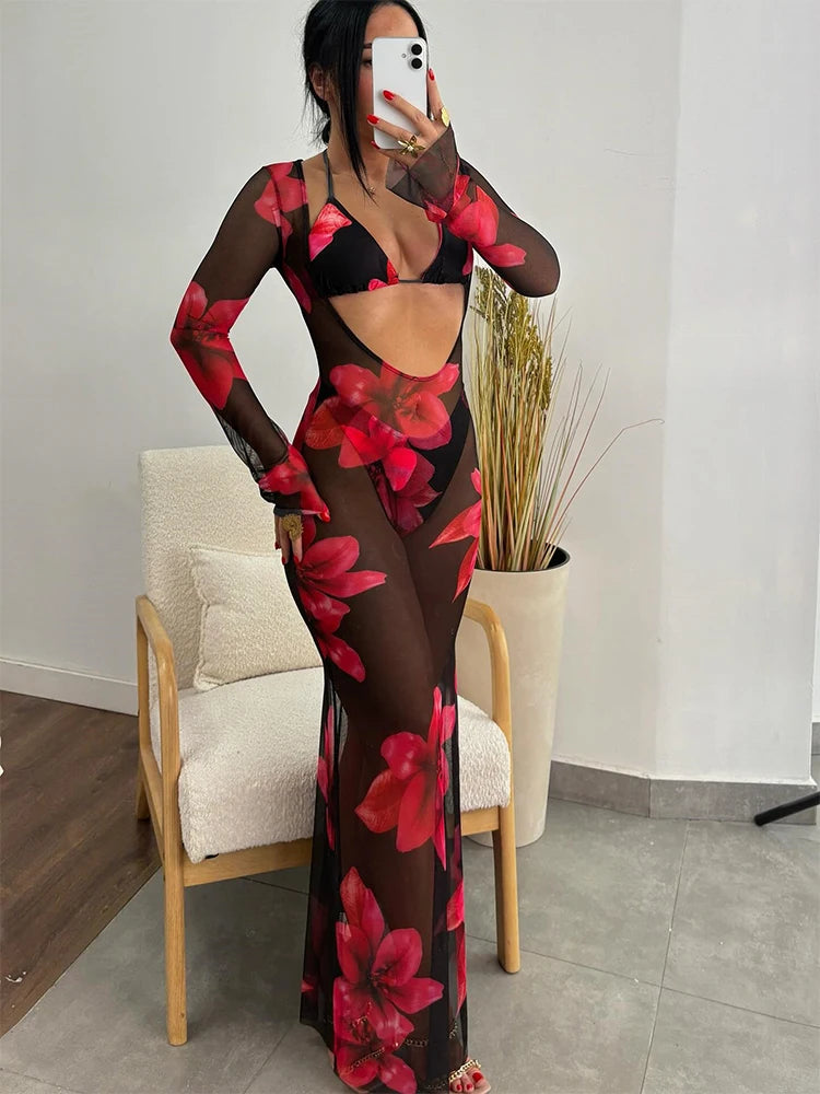 2025New Low Waist Bikini Sets And Cover Up Sexy Women Swimsuit Swimwear Three Piece Set Print Floral Brazilian Beachwear biquini