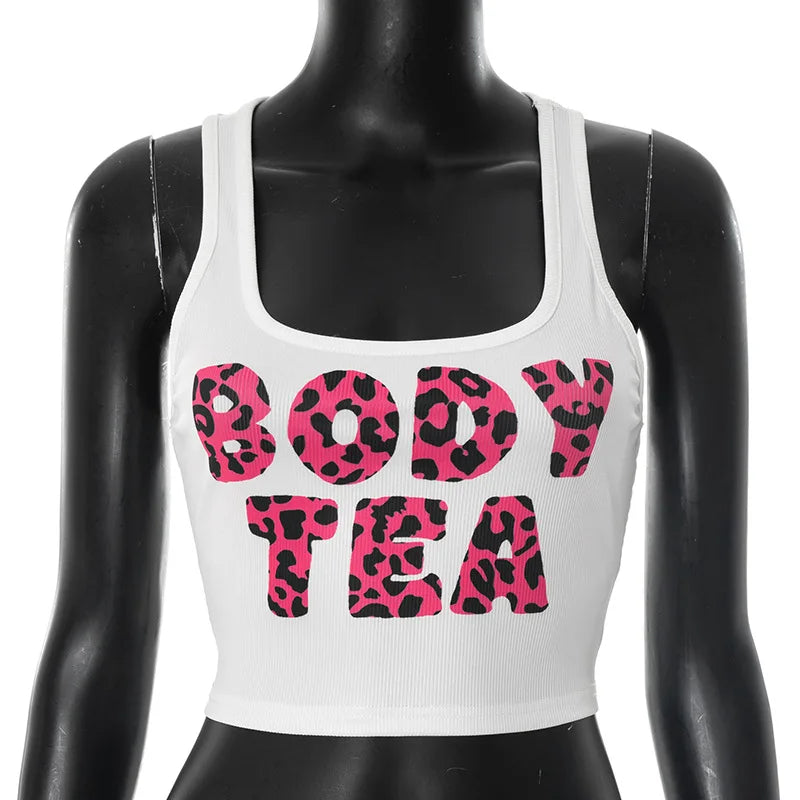 HLJ&GG Y2K Summer New Letter Tank Top Two Piece Sets Women Round Neck Sleeveless Vest + Sequin Leopard Shorts Outfits Streetwear
