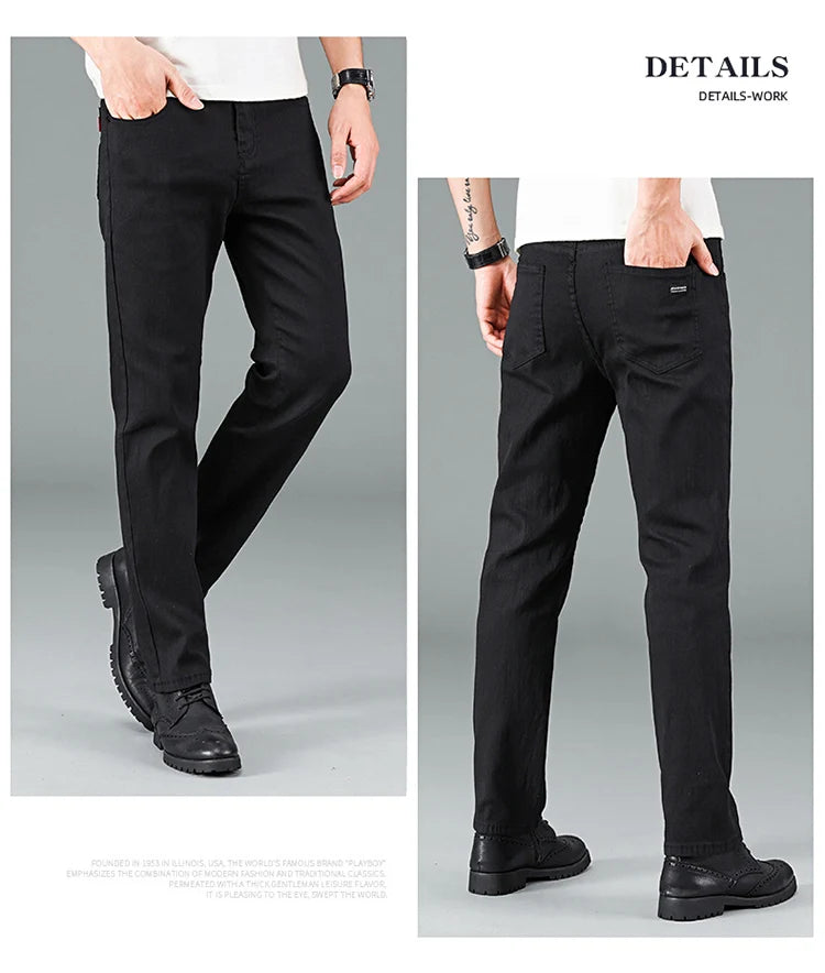 Men's pure black jeans Korean version trendy straight fit pants men's comfortable and elastic classic business denim