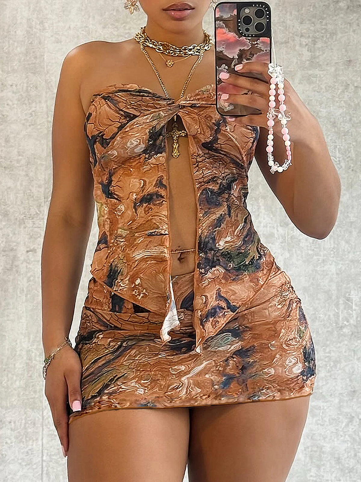 Women's floral pleated sexy tight fitting slit strapless short skirt set
