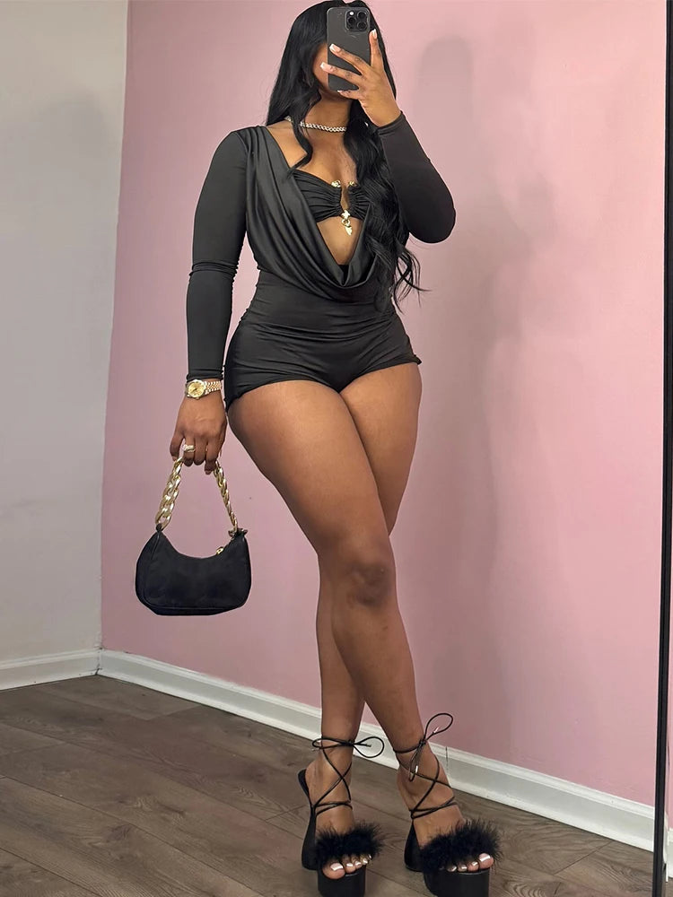 Swing Collar Romper & Metal Buckle Bra Set — Women's Party