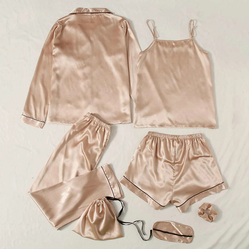 Women's Pajamas Set 7 Pieces Satin Sleepwear Pijama Silk Nightgown Suit Summer Women Home Clothing Printing Sleep Pyjama Femme